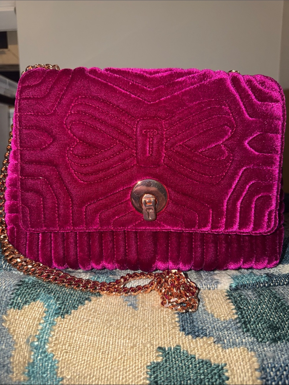 Ted Baker Rachila Quilted Velvet Bow Crossbody Bag | Deep Magenta | Rose Gold